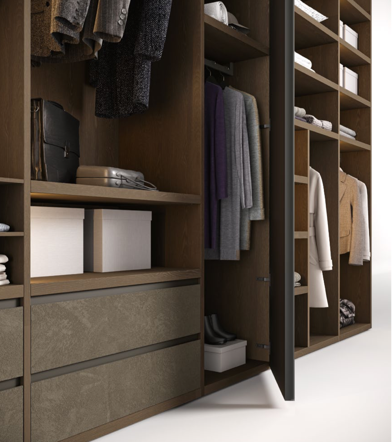 MODULO — Detail mit Holzschubladen und LED-Profil