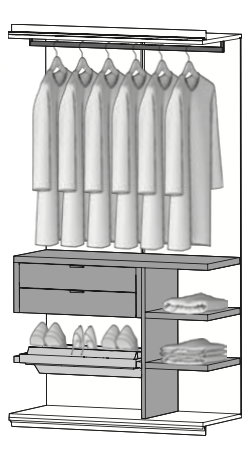 PG06 - vertikale Abtrennung m. 2 Regalböden, Ladenelement m. 2 Schubladen, 1 ausziehbares Schuhregal