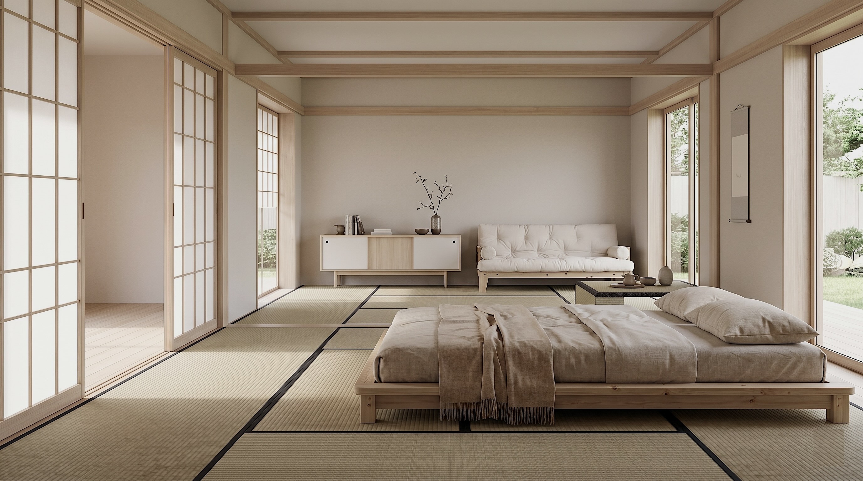 Massivholzbett im Japandi-Stil
