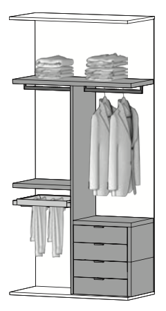 PF12 - vertikale Trennung m. 1 Regalboden, 2 Kleiderstangen kurz, 1 Ladenelement m. 4 Schubladen, 1 ausziehbarer Hosenhalter