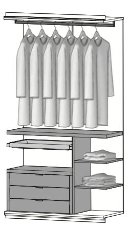 PG05 - vertikale Abtrennung m. 2 Regalböden, 1 Ladenelement m. 3 Schubladen, 1 ausziehbares Kassettenfach