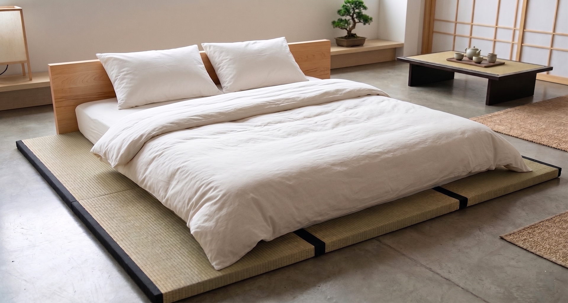 Tatami Sofabett ausgeklappt zum Bett – flache Liegefläche auf Tatami