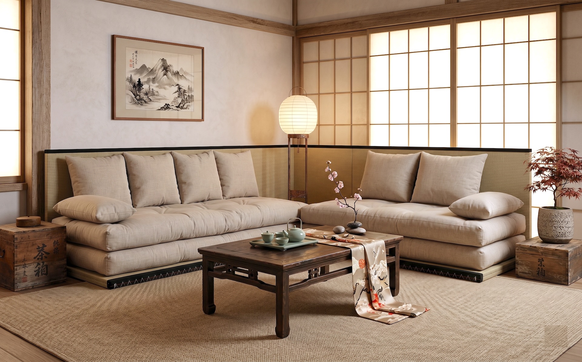 Tatami Sofabett als Ecksofa mit roten Kissen – japanisches Bodensofa im Wohnraum