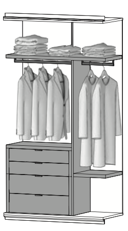PG10 - vertikale Abtrennung, 2 Kleiderstangen, Ladenelement m. 4 Schubladen, Regalboden klein