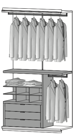 PG09 - vertikale Abtrennung, 2 Regalelemente offen, Ladenelement m. 3 Schubladen, 1 Kleiderstange kurz