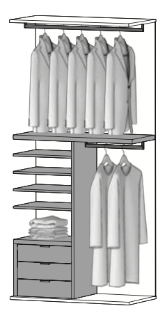 PF11 - vertikale Trennung m. 4 Regalböden, 1 Kleiderstange kurz, 1 Ladenelement m. 3 Schubladen