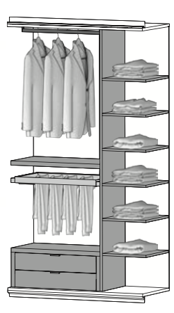 PG12 - vertikale Abtrennung m. 6 Regalböden klein, Ladenelement m. 2 Schubladen, ausziehbarer Hosenhalter