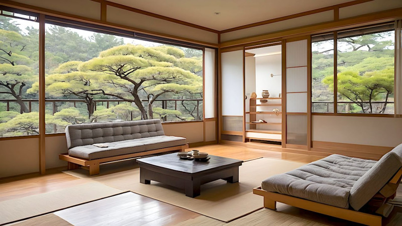 <img src="bild.jpg" alt="Japanisches Schlafzimmer mit Tatami-Matten und Futon von JO-KO" />