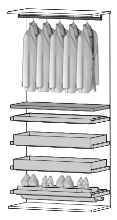 PF08 - 3 ausziehbare Kassettenfächer, 1 ausziehbares Schuhfach Regalboden,
