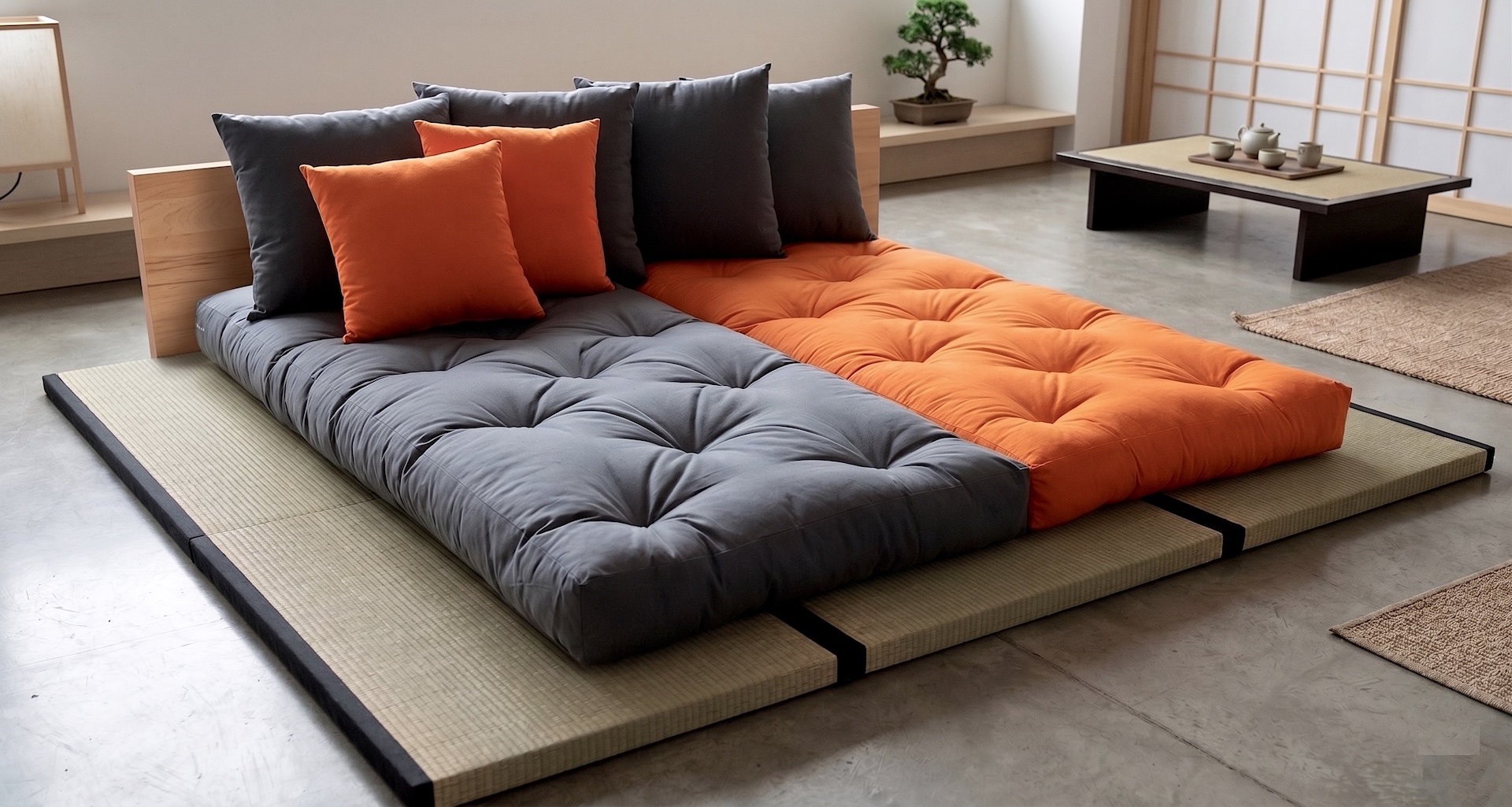 Tatami Sofabett im Sofa-Modus – Baumwoll-Futon mit Rückenkissen auf Tatami